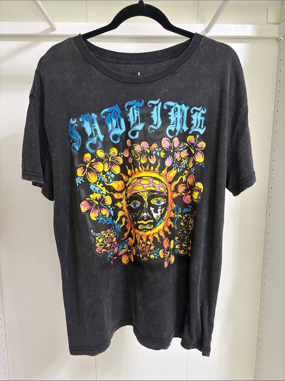 The Phluid Project Black Graphic Sublime Tee with Neon Floral Print NWOT